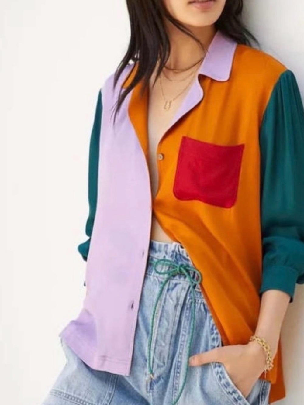 Farm Rio color block Women's Button-Up Shirt in Orange, Lavender & Teal size s